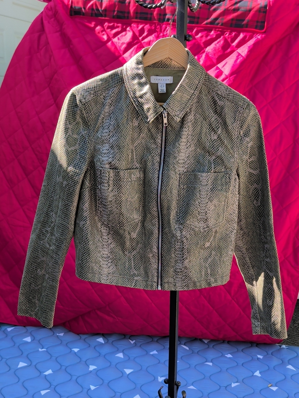 TopShop Olive Snake-Print Cropped Leather Zip Jacket